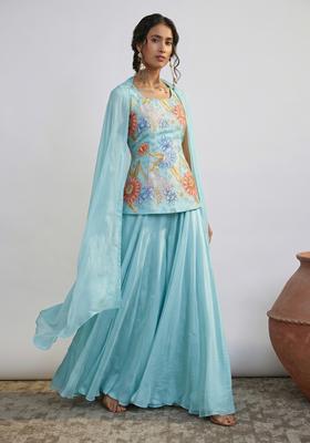 Sky Blue Embroidered Organza Fusion Set
