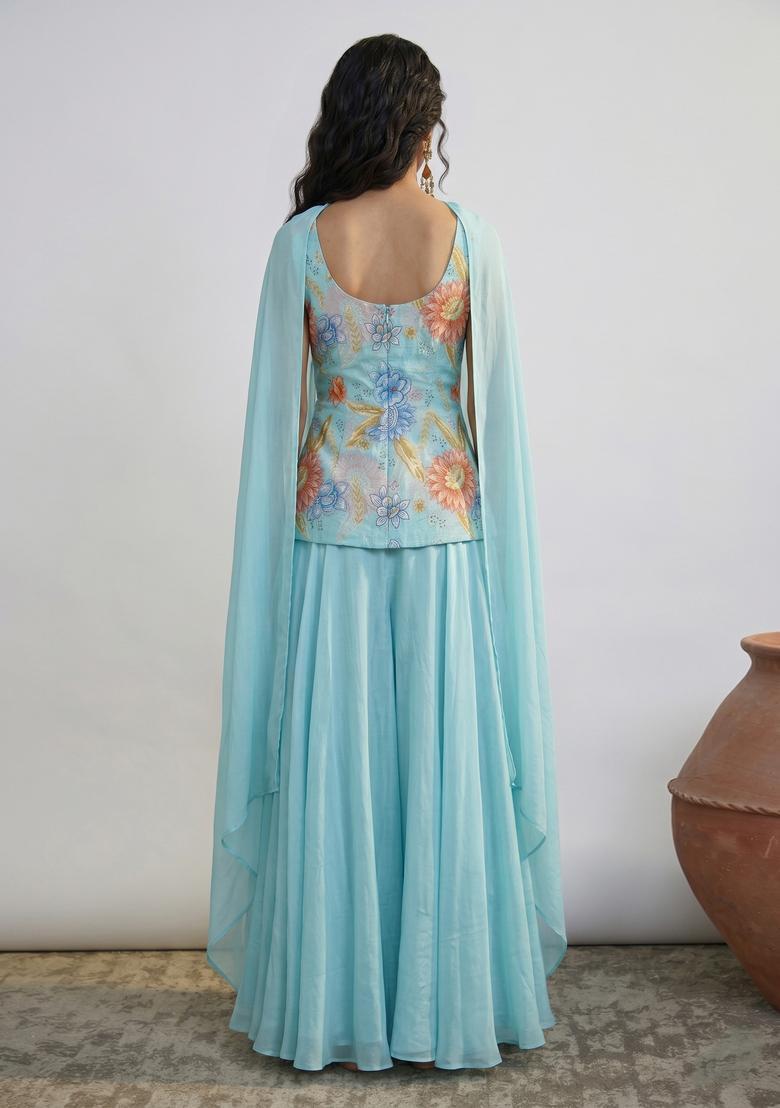 Sky Blue Embroidered Organza Fusion Set - Indya
