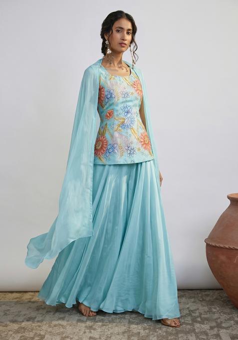 Sky Blue Embroidered Organza Fusion Set