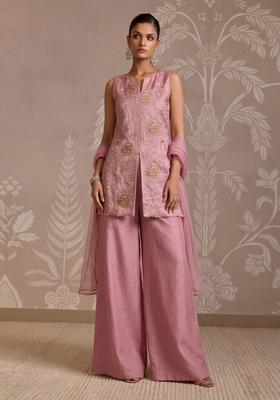Onion Pink Embroidered Tissue Kurta Set