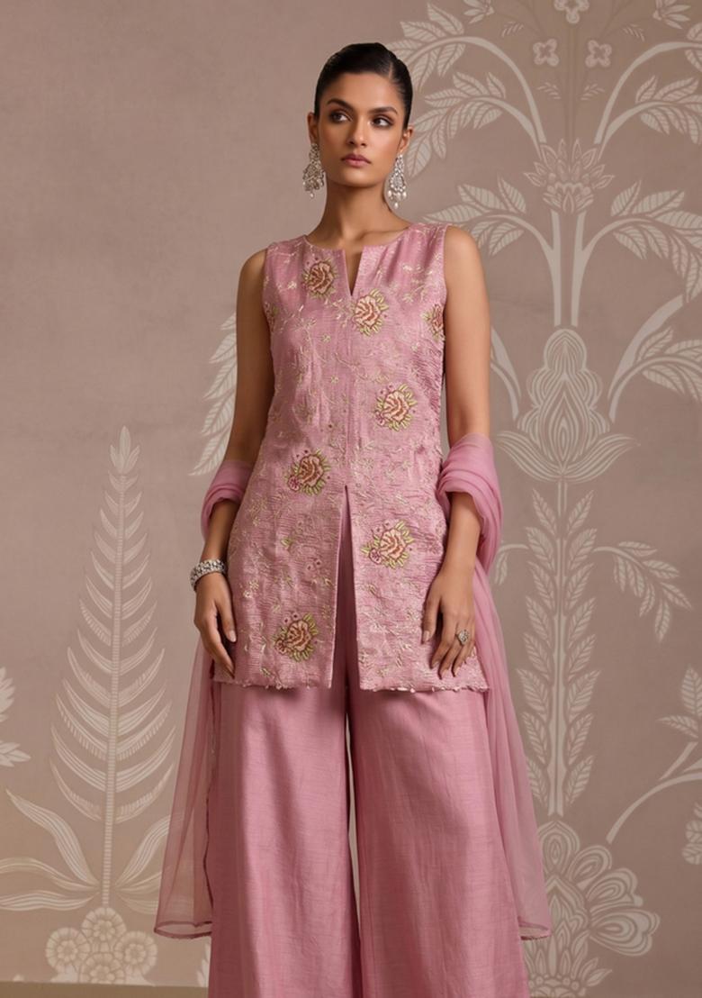 Onion Pink Embroidered Tissue Kurta Set - Indya