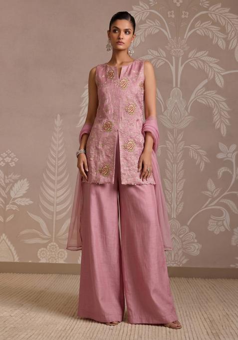 Onion Pink Embroidered Tissue Kurta Set