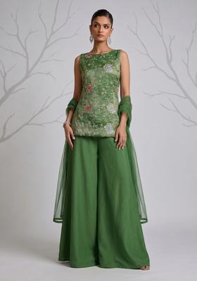 Olive Green Embroidered Tissue Kurta Set