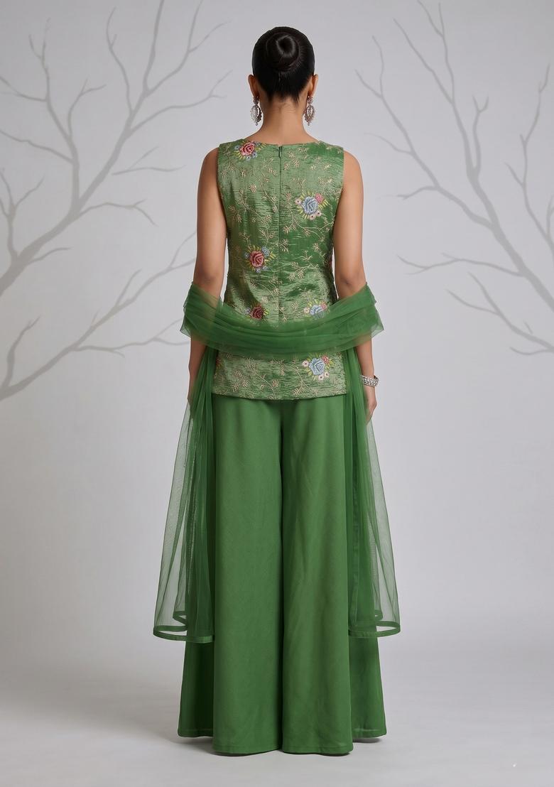 Olive Green Embroidered Tissue Kurta Set - Indya