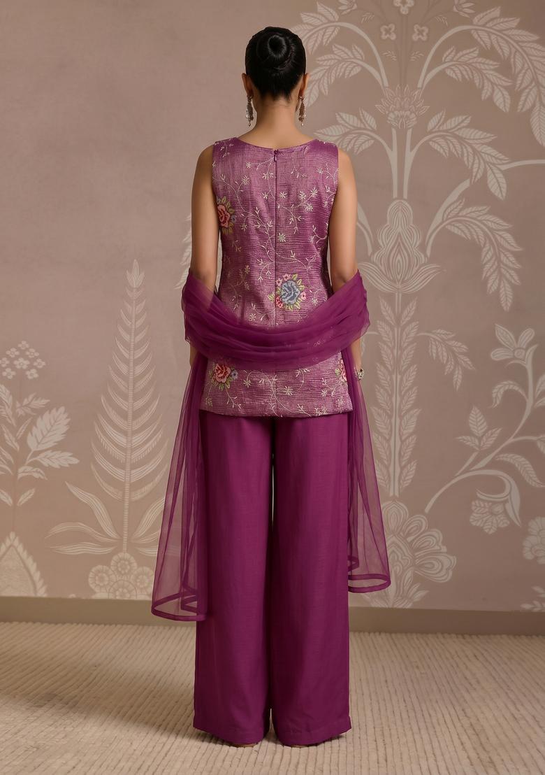 Purple Embroidered Tissue Kurta Set - Indya