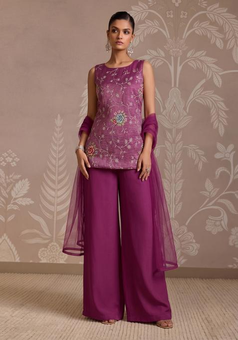 Purple Embroidered Tissue Kurta Set