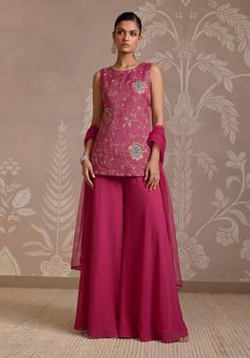 Rani Pink Embroidered Tissue Kurta Set