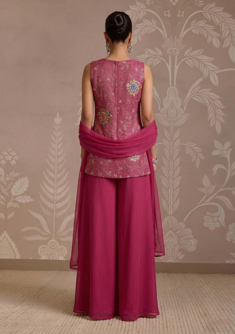 Rani Pink Embroidered Tissue Kurta Set - Indya