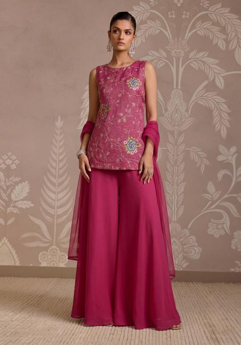 Rani Pink Embroidered Tissue Kurta Set