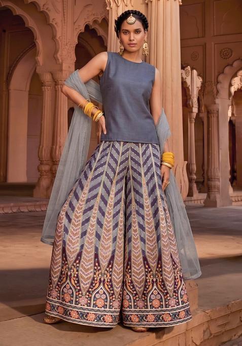 Grey Printed Crepe Fusion Set