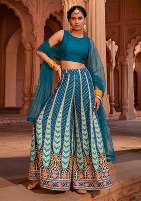 Teal Printed Crepe Fusion Set