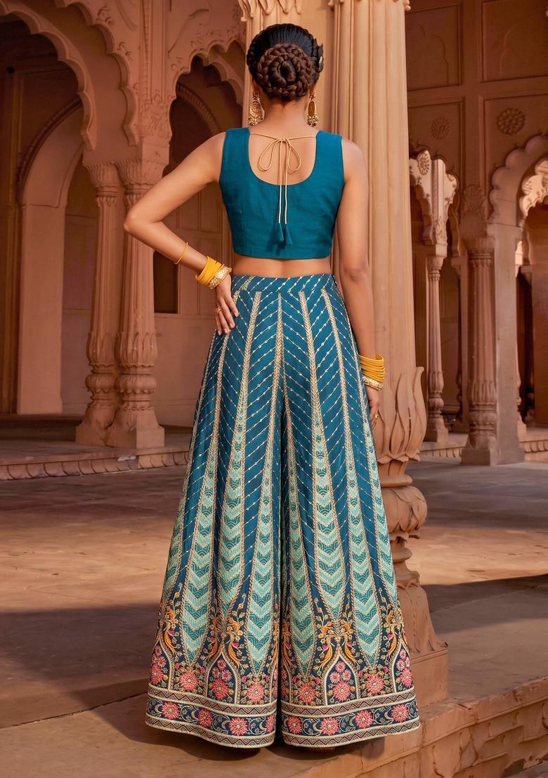 Teal Printed Crepe Fusion Set - Indya
