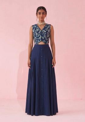 Navy Blue Printed Crepe Fusion Set
