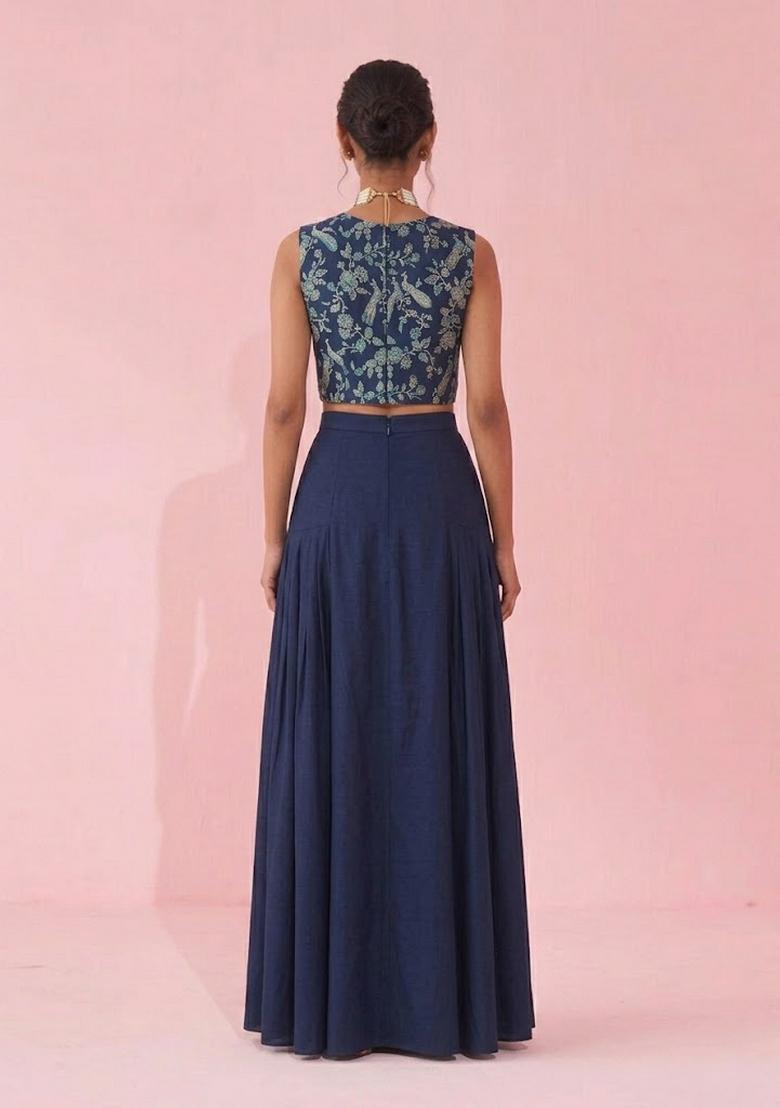 Navy Blue Printed Crepe Fusion Set - Indya