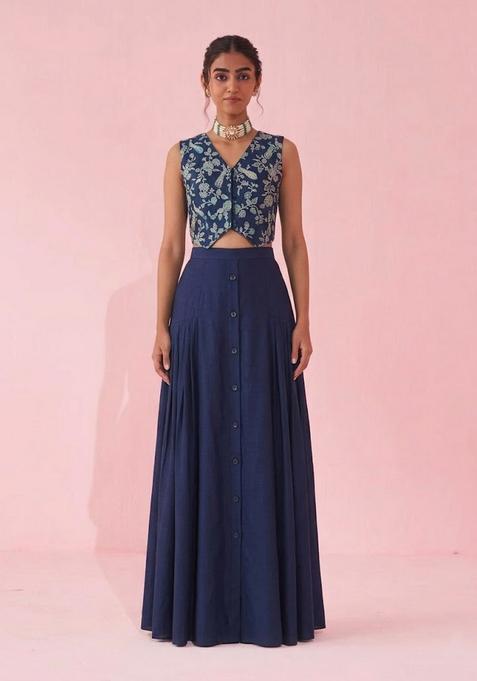 Navy Blue Embroidered Silk Blend Fusion Set