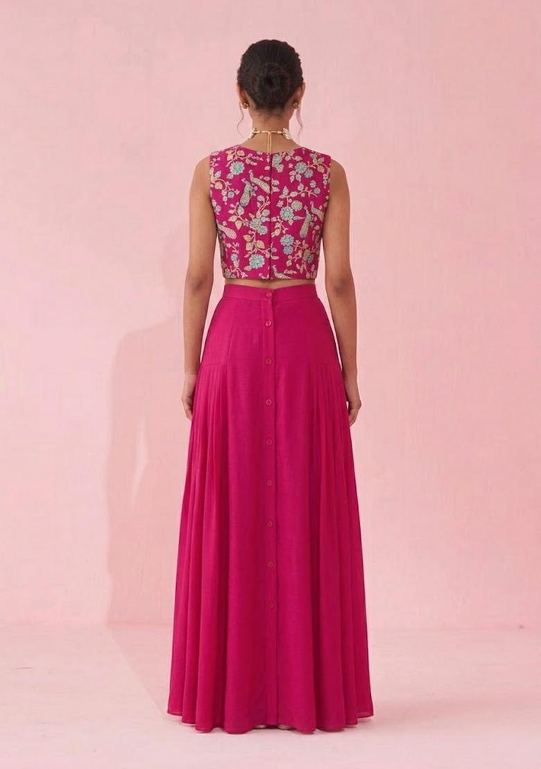 Rani Pink Printed Crepe Fusion Set - Indya