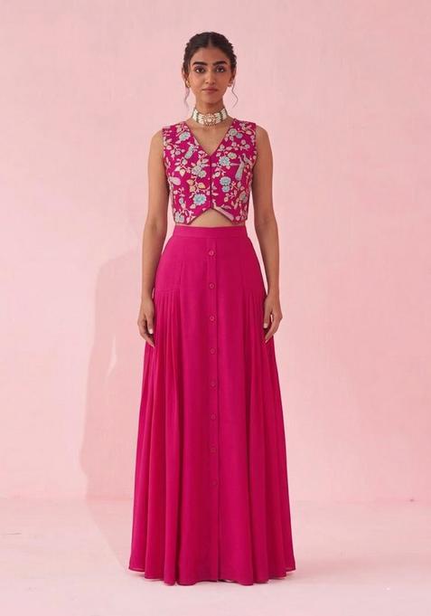 Rani Pink Embroidered Silk Blend Fusion Set
