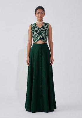 Bottle Green Printed Crepe Fusion Set