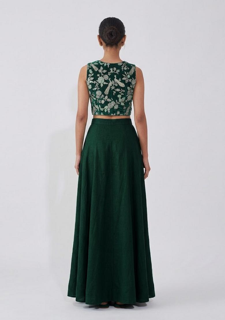 Bottle Green Printed Crepe Fusion Set - Indya