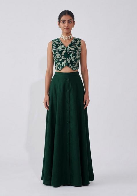 Bottle Green Embroidered Silk Fusion Set