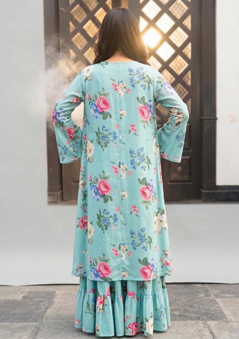 Light Blue Printed Silk Sharara Set - Indya