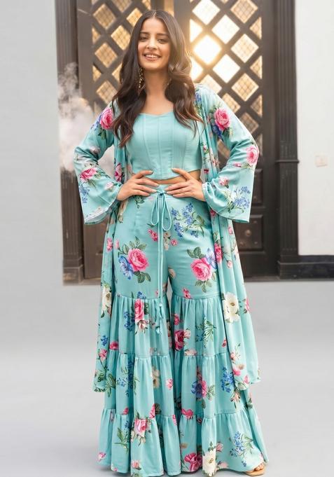 Light Blue Floral Print Silk Blend Sharara Set