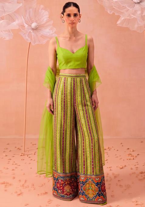 Lime Green Printed Silk Blend Fusion Set