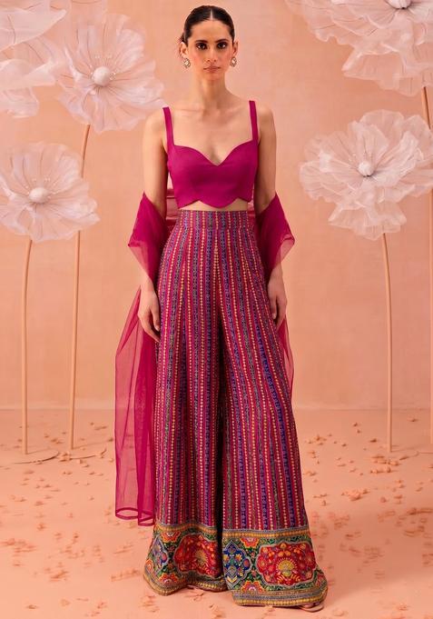 Dark Pink Embroidered Silk Blend Fusion Set