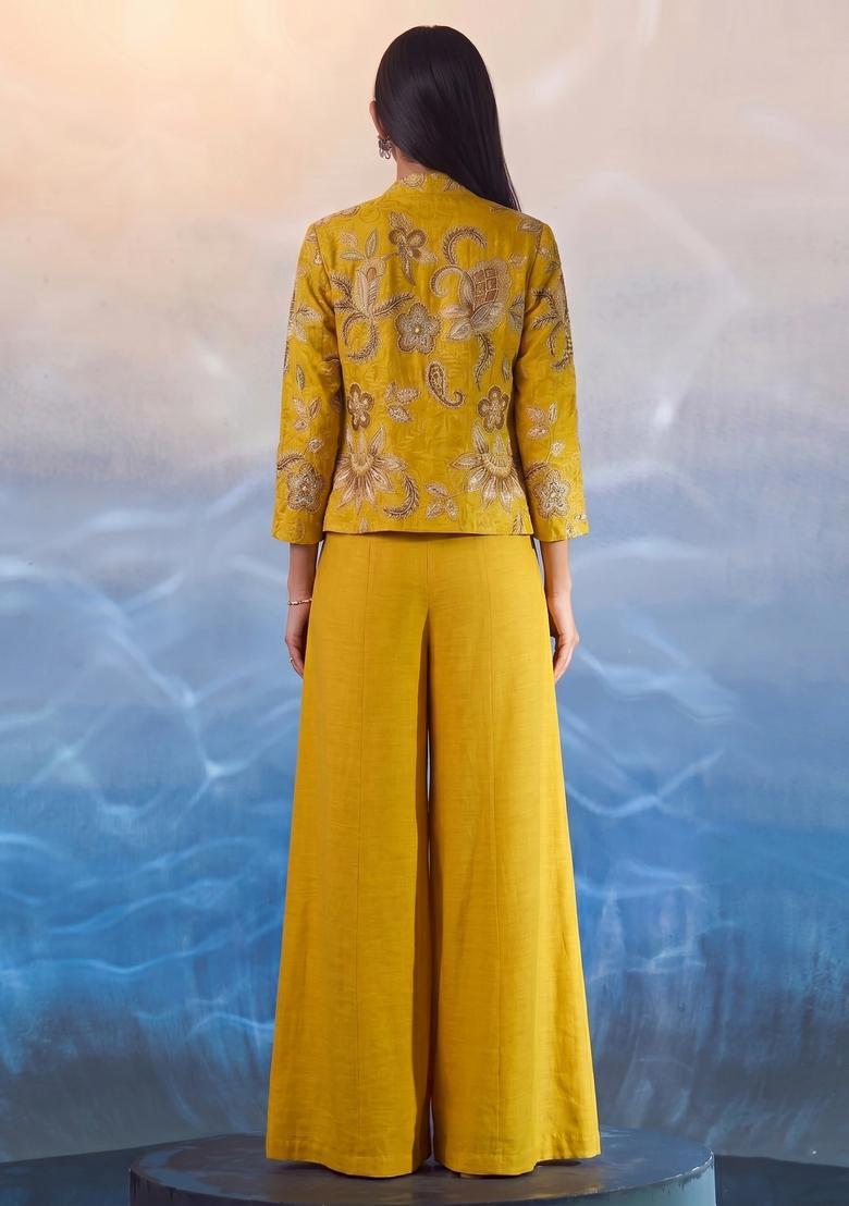 Mustard Embroidered Organza Fusion Set - Indya