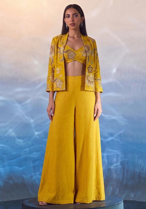 Mustard Embroidered Handwork Silk Blend Fusion Set