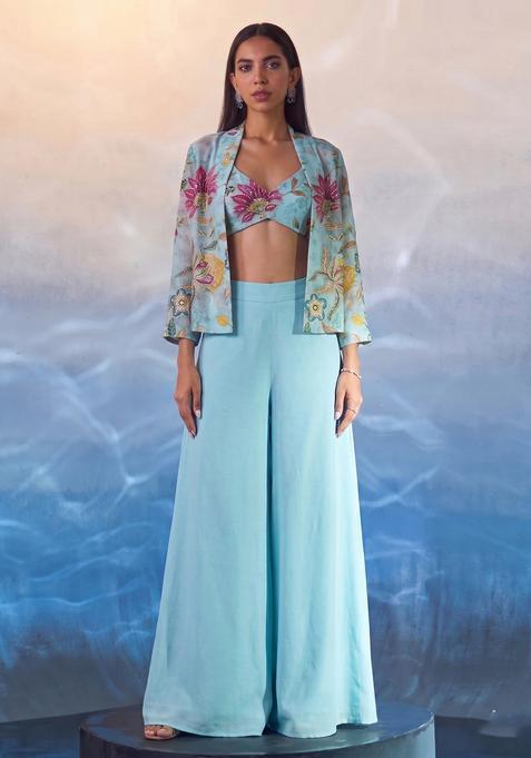 Sky Blue Embroidered Handwork Organza Fusion Set