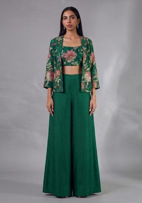 Bottle Green Embroidered Organza Fusion Set