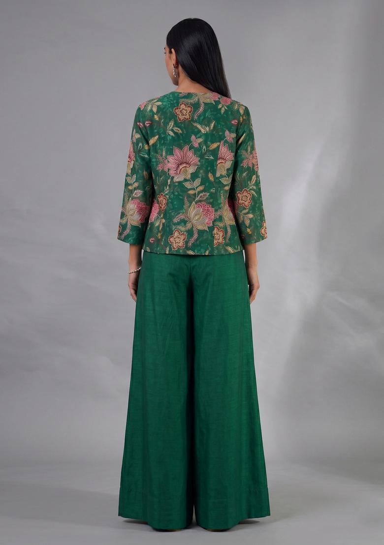 Bottle Green Embroidered Organza Fusion Set - Indya