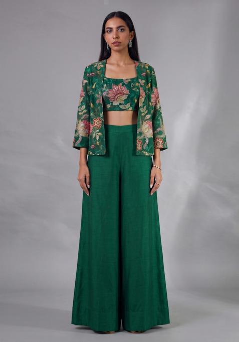 Bottle Green Embroidered Organza Fusion Set