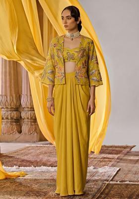 Mustard Printed Organza Fusion Set
