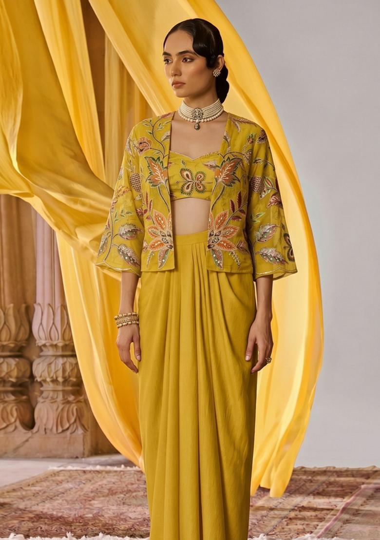 Mustard Printed Organza Fusion Set - Indya