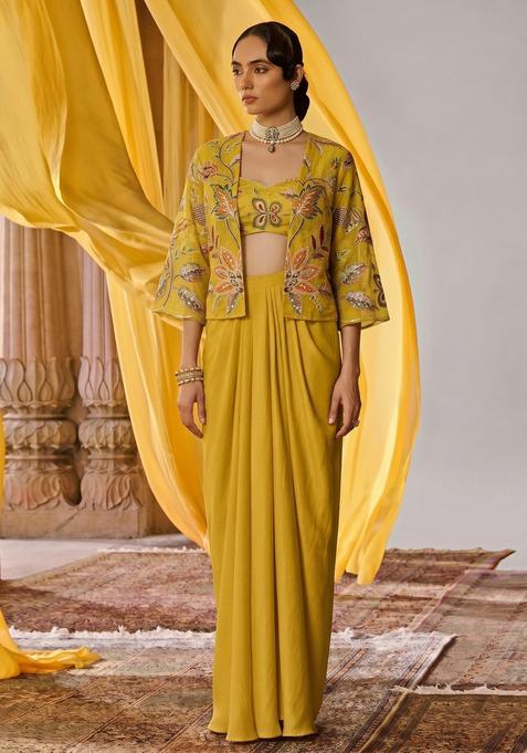 Mustard Printed Organza Fusion Set