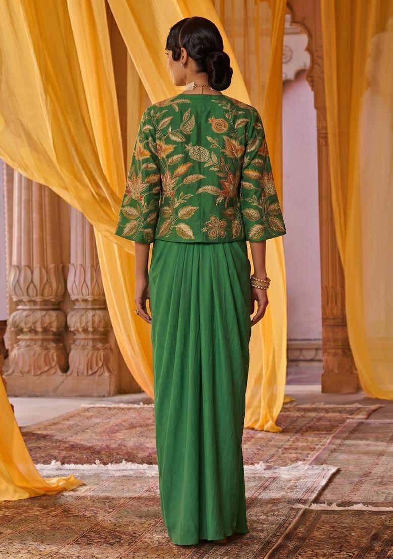 Olive Green Printed Organza Fusion Set - Indya