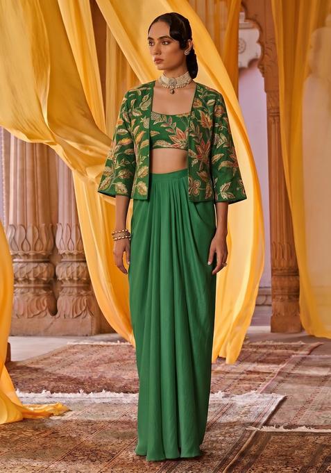 Olive Green Embroidered Silk Blend Fusion Set