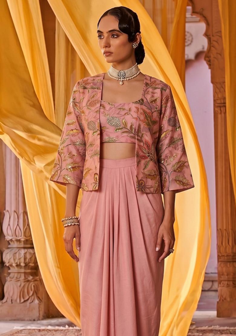 Onion Pink Printed Organza Fusion Set - Indya