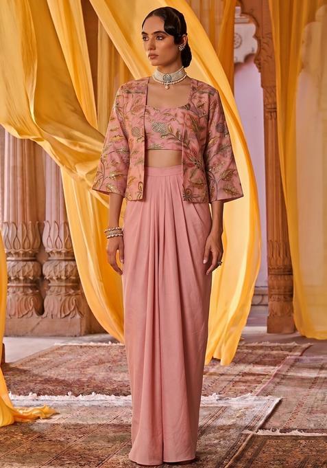 Onion Pink Printed Organza Fusion Set
