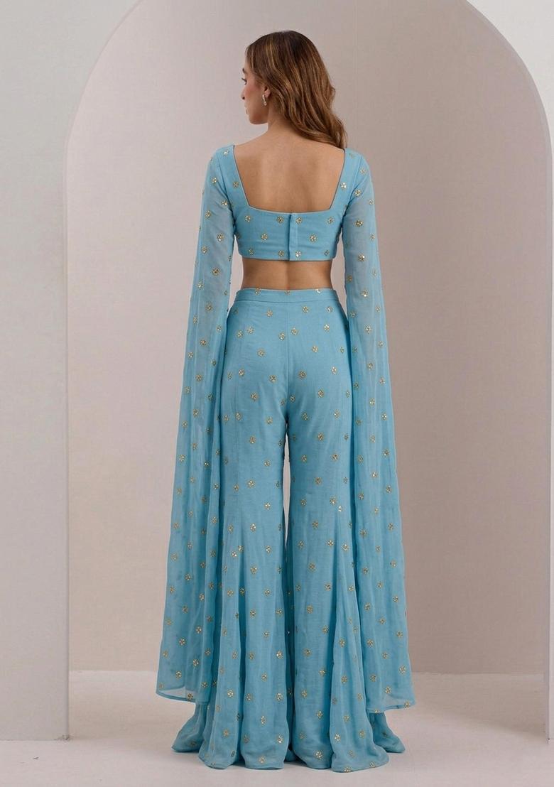 Sky Blue Embellished Georgette Sharara Set - Indya
