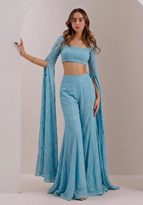 Sky Blue Embellished Georgette Fusion Set