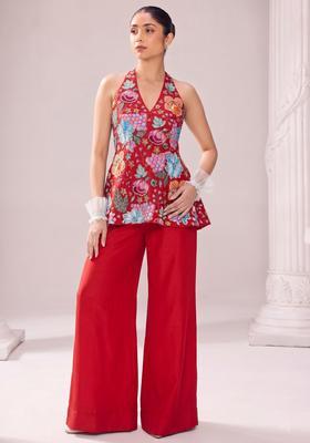 Red Printed Crepe Fusion Set
