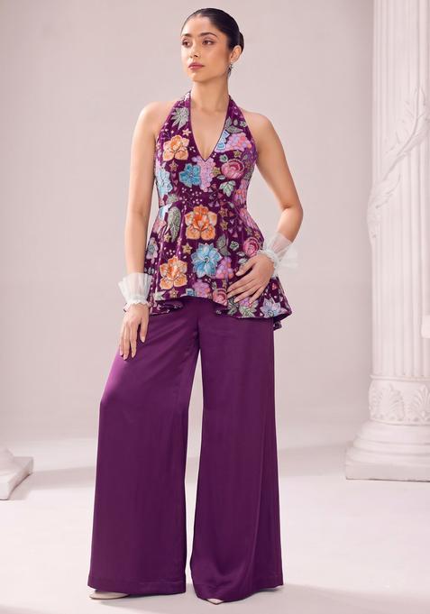 Purple Embroidered Handwork Silk Fusion Set