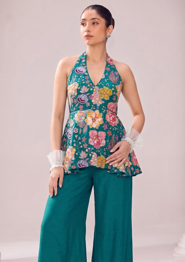 Teal Green Printed Crepe Fusion Set - Indya