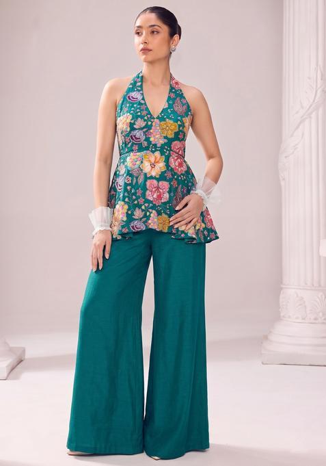Teal Green Embroidered Handwork Silk Blend Fusion Set