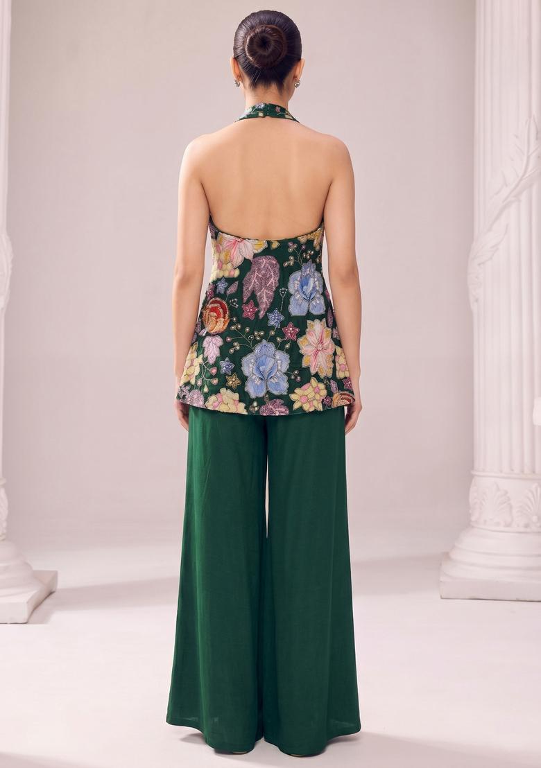 Bottle Green Printed Crepe Fusion Set - Indya