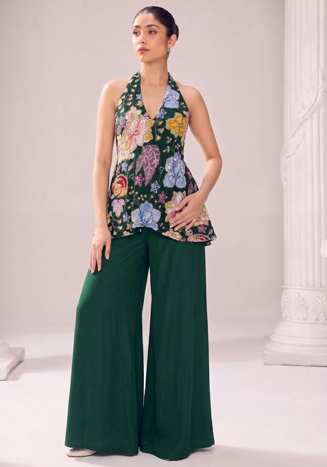 Bottle Green Embroidered Handwork Silk Fusion Set