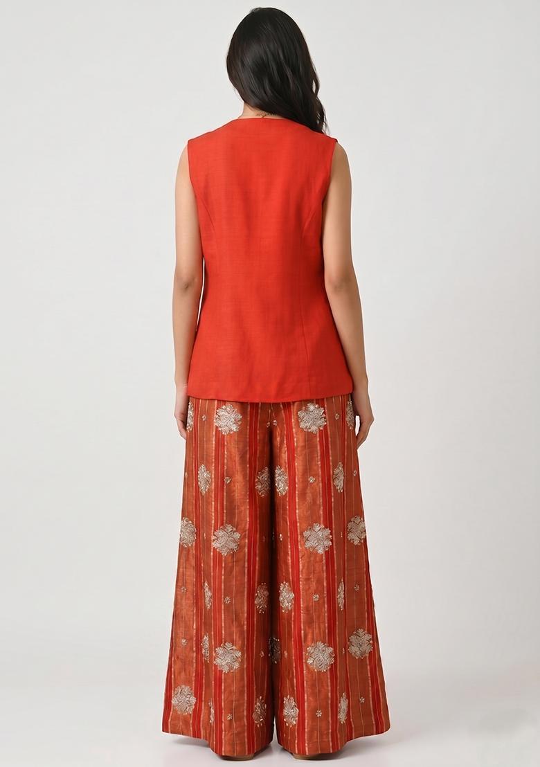 Red Embroidered Tissue Sharara Set - Indya